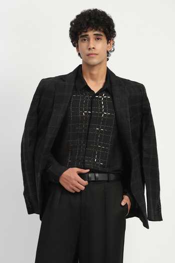 Buy Abraham And Thakore Black Cotton, Linen Sequin And Stab Shirt Buy_Abraham And Thakore_Black Cotton, Linen Sequin And Stab Shirt