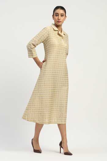 Abraham And Thakore_Beige Chanderi Collared , Button-down Pleat And Tape Detailed Dress _Online_at_Aza_Fashions