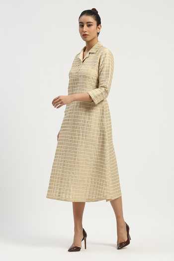 Buy_Abraham And Thakore_Beige Chanderi Collared , Button-down Pleat And Tape Detailed Dress _Online_at_Aza_Fashions