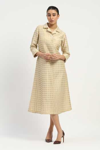 Shop_Abraham And Thakore_Beige Chanderi Collared , Button-down Pleat And Tape Detailed Dress _Online_at_Aza_Fashions
