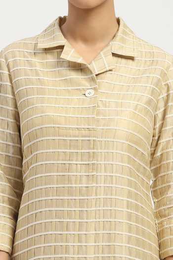 Abraham And Thakore_Beige Chanderi Collared , Button-down Pleat And Tape Detailed Dress _at_Aza_Fashions