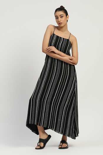 Abraham And Thakore_Black Viscose Georgette Square Neck Aari Stripe Embroidered Dress _Online_at_Aza_Fashions