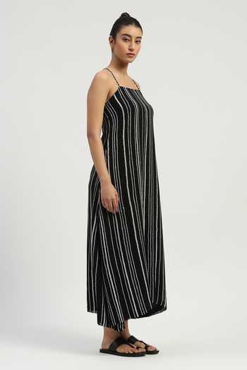 Buy_Abraham And Thakore_Black Viscose Georgette Square Neck Aari Stripe Embroidered Dress _Online_at_Aza_Fashions