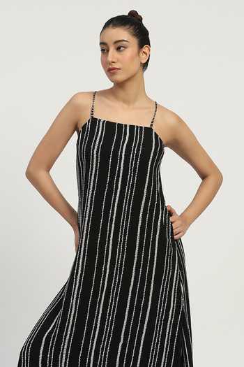 Shop_Abraham And Thakore_Black Viscose Georgette Square Neck Aari Stripe Embroidered Dress _Online_at_Aza_Fashions