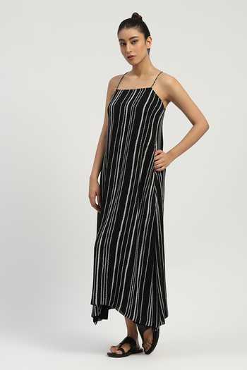 Abraham And Thakore_Black Viscose Georgette Square Neck Aari Stripe Embroidered Dress _at_Aza_Fashions