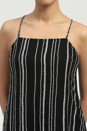 Buy_Abraham And Thakore_Black Viscose Georgette Square Neck Aari Stripe Embroidered Dress 