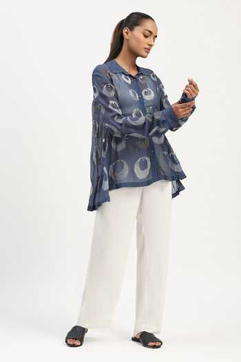 Abraham And Thakore Blue Viscose Georgette Collared Neck Ottoman Moon Embellished Shirt Online at Aza Fashions Abraham And Thakore_Blue Viscose Georgette Collared Neck Ottoman Moon Embellished Shirt _Online_at_Aza_Fashions
