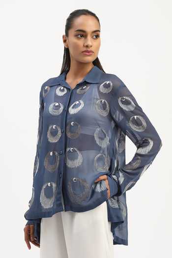 Buy Abraham And Thakore Blue Viscose Georgette Collared Neck Ottoman Moon Embellished Shirt Online at Aza Fashions Buy_Abraham And Thakore_Blue Viscose Georgette Collared Neck Ottoman Moon Embellished Shirt _Online_at_Aza_Fashions
