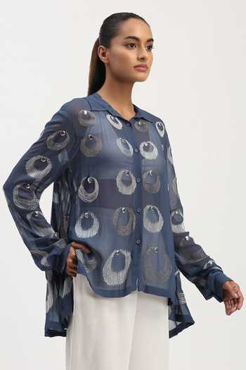 Shop Abraham And Thakore Blue Viscose Georgette Collared Neck Ottoman Moon Embellished Shirt Online at Aza Fashions Shop_Abraham And Thakore_Blue Viscose Georgette Collared Neck Ottoman Moon Embellished Shirt _Online_at_Aza_Fashions