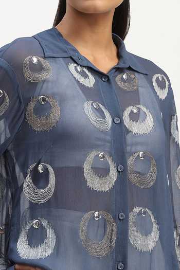 Abraham And Thakore Blue Viscose Georgette Collared Neck Ottoman Moon Embellished Shirt at Aza Fashions Abraham And Thakore_Blue Viscose Georgette Collared Neck Ottoman Moon Embellished Shirt _at_Aza_Fashions
