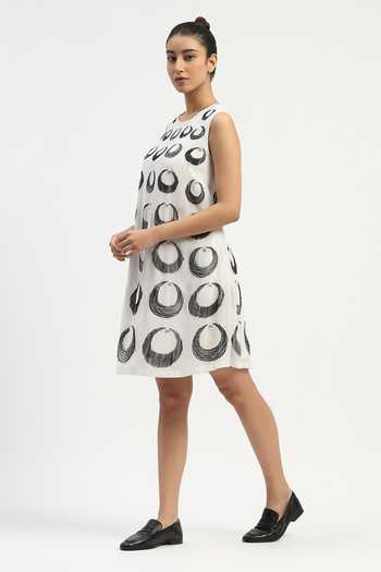 Abraham And Thakore_Ivory Viscose Georgette Round Neck Ottoman Moon Dress _Online_at_Aza_Fashions
