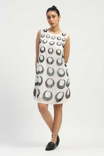 Buy_Abraham And Thakore_Ivory Viscose Georgette Round Neck Ottoman Moon Dress _Online_at_Aza_Fashions
