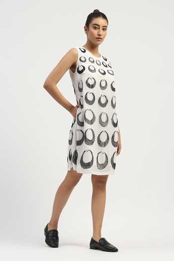 Abraham And Thakore_Ivory Viscose Georgette Round Neck Ottoman Moon Dress _at_Aza_Fashions