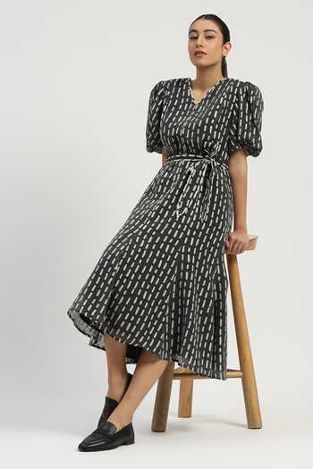 Shop_Abraham And Thakore_Grey Silk, Cotton V-neck Kantha Cutwork Dress _Online_at_Aza_Fashions