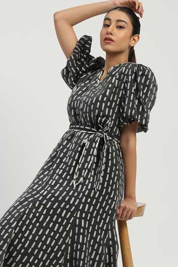 Abraham And Thakore_Grey Silk, Cotton V-neck Kantha Cutwork Dress _at_Aza_Fashions