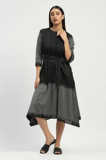 Abraham And Thakore_Black Silk, Cotton Round Neck Ikat Checkered Dress _Online_at_Aza_Fashions