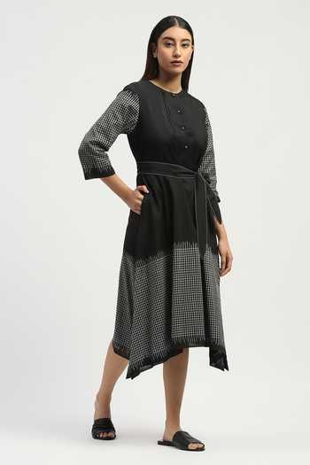 Buy_Abraham And Thakore_Black Silk, Cotton Round Neck Ikat Checkered Dress _Online_at_Aza_Fashions
