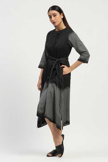 Shop_Abraham And Thakore_Black Silk, Cotton Round Neck Ikat Checkered Dress _Online_at_Aza_Fashions