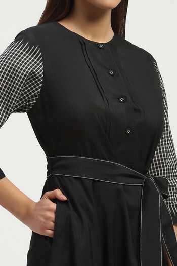 Abraham And Thakore_Black Silk, Cotton Round Neck Ikat Checkered Dress _at_Aza_Fashions