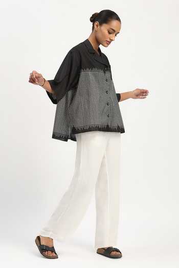 Abraham And Thakore_Black Silk, Cotton Collared Neck Ikat Checkered Pattern Shirt _Online_at_Aza_Fashions
