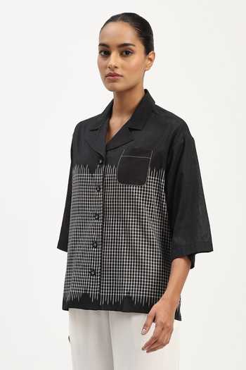 Buy_Abraham And Thakore_Black Silk, Cotton Collared Neck Ikat Checkered Pattern Shirt _Online_at_Aza_Fashions