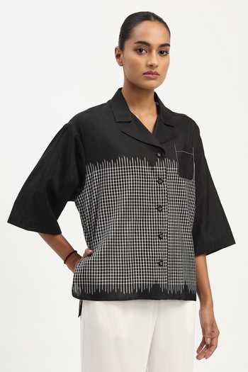 Shop_Abraham And Thakore_Black Silk, Cotton Collared Neck Ikat Checkered Pattern Shirt _Online_at_Aza_Fashions