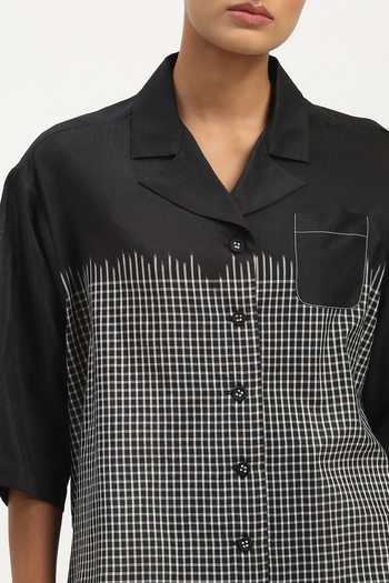 Abraham And Thakore_Black Silk, Cotton Collared Neck Ikat Checkered Pattern Shirt _at_Aza_Fashions