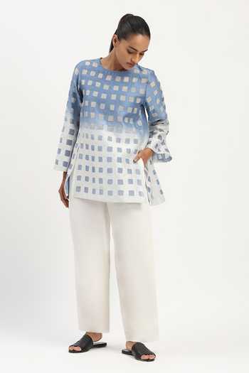 Abraham And Thakore Blue Chanderi Round Neck Ombre Cutwork Top Online at Aza Fashions Abraham And Thakore_Blue Chanderi Round Neck Ombre Cutwork Top _Online_at_Aza_Fashions