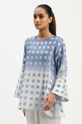 Shop Abraham And Thakore Blue Chanderi Round Neck Ombre Cutwork Top Online at Aza Fashions Shop_Abraham And Thakore_Blue Chanderi Round Neck Ombre Cutwork Top _Online_at_Aza_Fashions