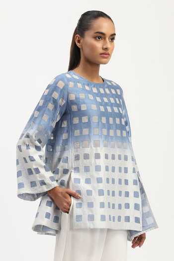 Abraham And Thakore Blue Chanderi Round Neck Ombre Cutwork Top at Aza Fashions Abraham And Thakore_Blue Chanderi Round Neck Ombre Cutwork Top _at_Aza_Fashions