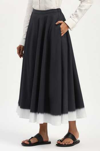 Shop_Abraham And Thakore_Black Poplin Tie Dye Ombre Bordered Skirt _Online_at_Aza_Fashions
