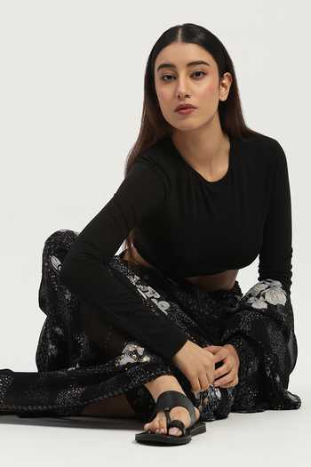 Abraham And Thakore Black Viscose Georgette Floral Print Saree Online at Aza Fashions Abraham And Thakore_Black Viscose Georgette Floral Print Saree _Online_at_Aza_Fashions