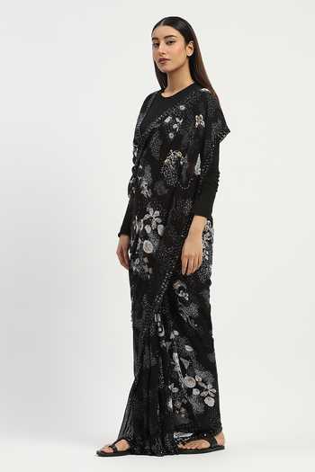 Shop Abraham And Thakore Black Viscose Georgette Floral Print Saree Online at Aza Fashions Shop_Abraham And Thakore_Black Viscose Georgette Floral Print Saree _Online_at_Aza_Fashions