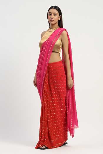 Buy Abraham And Thakore Red Viscose Georgette Dash Print And Embellished Saree Online at Aza Fashions Buy_Abraham And Thakore_Red Viscose Georgette Dash Print And Embellished Saree _Online_at_Aza_Fashions