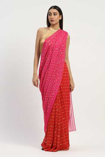 Abraham And Thakore Red Viscose Georgette Dash Print And Embellished Saree at Aza Fashions Abraham And Thakore_Red Viscose Georgette Dash Print And Embellished Saree _at_Aza_Fashions