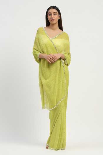 Abraham And Thakore Green Viscose Georgette Dot Checkered Bandhani Print Saree Online at Aza Fashions Abraham And Thakore_Green Viscose Georgette Dot Checkered Bandhani Print Saree _Online_at_Aza_Fashions