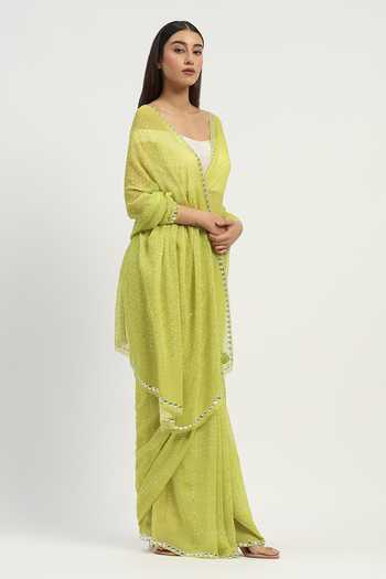 Buy Abraham And Thakore Green Viscose Georgette Dot Checkered Bandhani Print Saree Buy_Abraham And Thakore_Green Viscose Georgette Dot Checkered Bandhani Print Saree