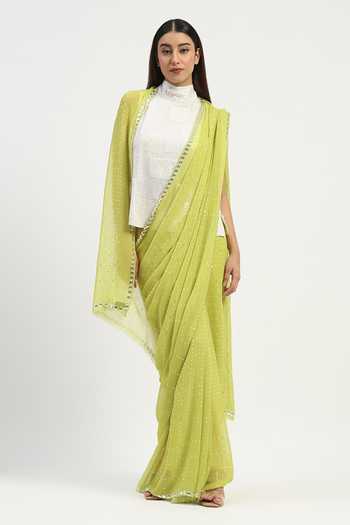 Shop Abraham And Thakore Green Viscose Georgette Dot Checkered Bandhani Print Saree Shop_Abraham And Thakore_Green Viscose Georgette Dot Checkered Bandhani Print Saree