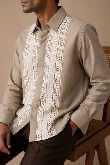 Buy_ROHIT DOSHI_Yellow Cotton Lacescape Shirt _Online_at_Aza_Fashions