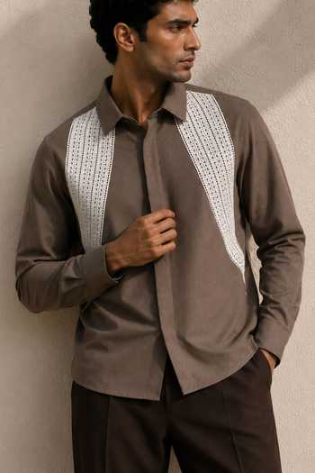Rohit Doshi_Brown Cotton Lace Almighty Shirt _Online_at_Aza_Fashions
