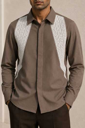 Buy_Rohit Doshi_Brown Cotton Lace Almighty Shirt _Online_at_Aza_Fashions