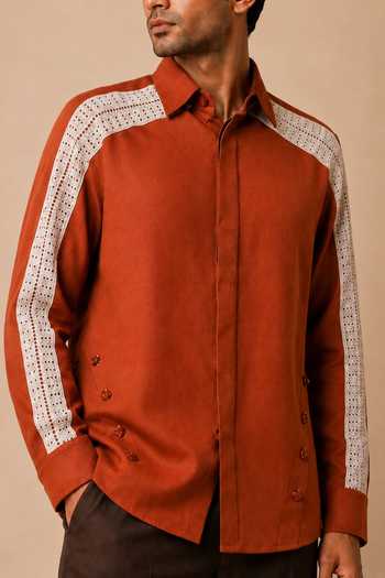 Rohit Doshi_Rust Cotton Terra Traces Shirt _Online_at_Aza_Fashions
