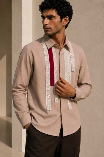 ROHIT DOSHI_Pink Cotton Chipotle Lace Patch Shirt _Online_at_Aza_Fashions