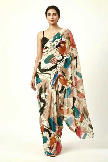 Buy Ellemora Fashions Black Silk V-neck Canvas Saree And Blouse Set Buy_Ellemora Fashions_Black Silk V-neck Canvas Saree And Blouse Set