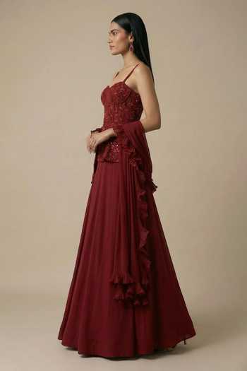 Buy_Ellemora Fashions_Maroon Crepe Sweetheart Neck Wine And Roses Embroidered Blouse Lehenga Set _Online_at_Aza_Fashions