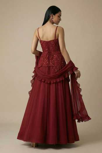 Ellemora Fashions Wine & Roses Embroidered Blouse Lehenga Set 