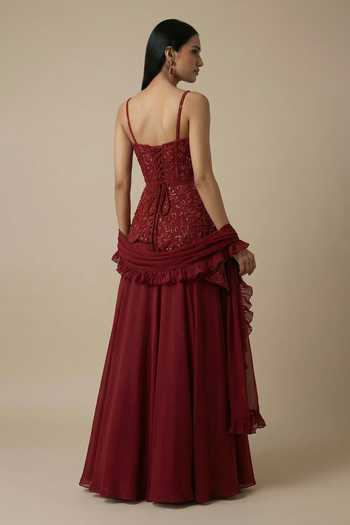 Shop_Ellemora Fashions_Maroon Crepe Sweetheart Neck Wine And Roses Embroidered Blouse Lehenga Set _Online_at_Aza_Fashions