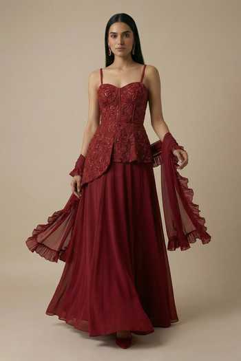 Ellemora Fashions Wine & Roses Embroidered Blouse Lehenga Set 