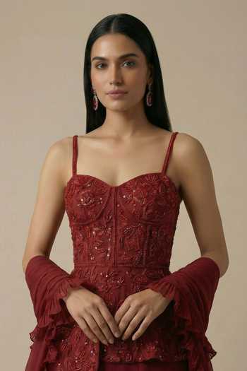 Ellemora Fashions_Maroon Crepe Sweetheart Neck Wine And Roses Embroidered Blouse Lehenga Set _at_Aza_Fashions