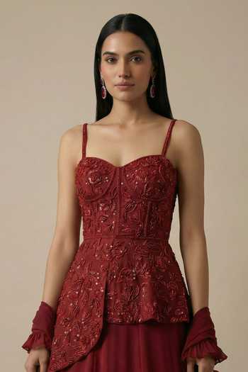Buy_Ellemora Fashions_Maroon Crepe Sweetheart Neck Wine And Roses Embroidered Blouse Lehenga Set 